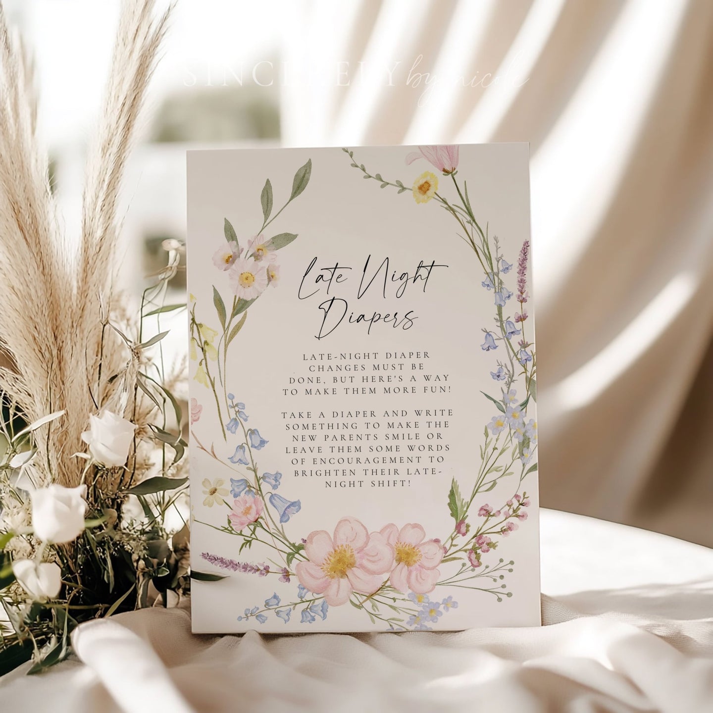 Wildflower Baby Shower Late Night Diapers Game Sign - SincerelyByNicole